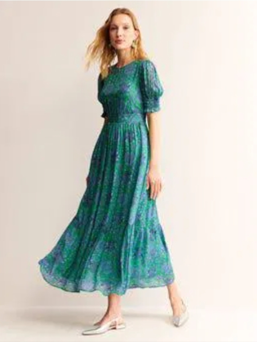 Boden Green Floral Maxi Dress with Blue Accents - Size 14R